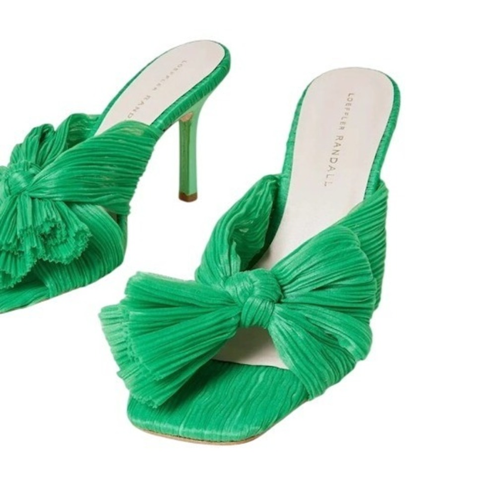 Loeffler Randall Claudia Pleated Bow Mules Green Stiletto Sandals Size 8